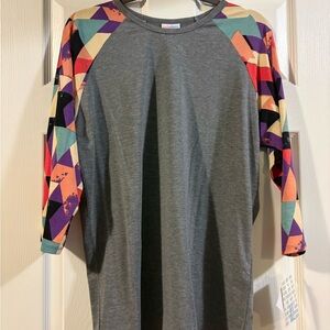 LuLaRoe Gray Top with Multicolor Geometric Sleeves